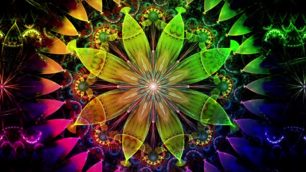 虹色の変化抽象的なフラクタルの背景と複雑な相互接続されたサイケデリックな空間の花鮮やかな輝く色 — ストック動画