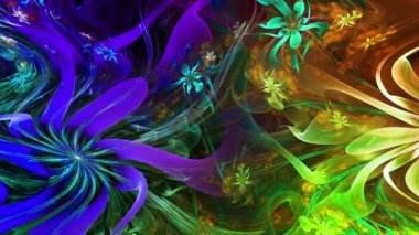 Psikedelik dalgalı ve büyüleyici renkler soyut fraktal arkaplanı değiştiriyor ve geniş uzay çiçeklerini parlak renklerle değiştiriyor.