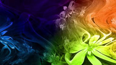 Psikedelik dalgalı ve büyüleyici renkler soyut fraktal arkaplanı değiştiriyor ve geniş uzay çiçeklerini parlak renklerle değiştiriyor.