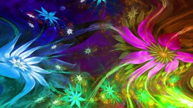 Psikedelik dalgalı ve büyüleyici renkler soyut fraktal arkaplanı değiştiriyor ve geniş uzay çiçeklerini parlak renklerle değiştiriyor.