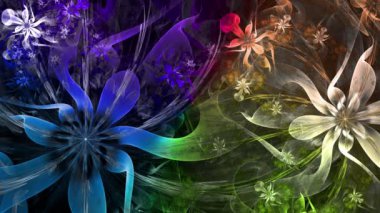 Gökkuşağı rengi soyut fraktal arkaplan ve birbirine bağlı karmaşık psikedelik uzay çiçekleri parlak renklerde