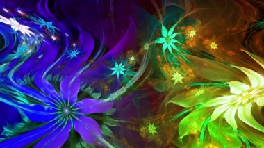 Psikedelik dalgalı ve büyüleyici renkler soyut fraktal arkaplanı değiştiriyor ve geniş uzay çiçeklerini parlak renklerle değiştiriyor.
