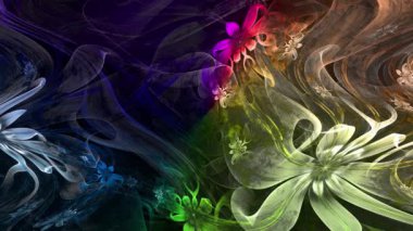 Psikedelik dalgalı ve büyüleyici renkler soyut fraktal arkaplanı değiştiriyor ve geniş uzay çiçeklerini parlak renklerle değiştiriyor.
