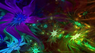Psikedelik dalgalı ve büyüleyici renkler soyut fraktal arkaplanı değiştiriyor ve geniş uzay çiçeklerini parlak renklerle değiştiriyor.