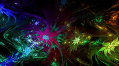Psikedelik dalgalı ve büyüleyici renkler soyut fraktal arkaplanı değiştiriyor ve geniş uzay çiçeklerini parlak renklerle değiştiriyor.