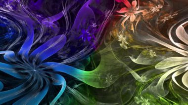 Psikedelik dalgalı ve büyüleyici renkler soyut fraktal arkaplanı değiştiriyor ve geniş uzay çiçeklerini parlak renklerle değiştiriyor.