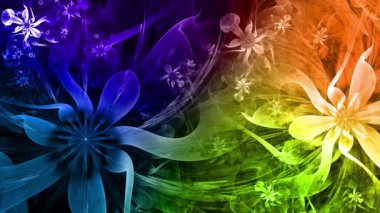 Gökkuşağı rengi soyut fraktal arkaplan ve birbirine bağlı karmaşık psikedelik uzay çiçekleri parlak renklerde