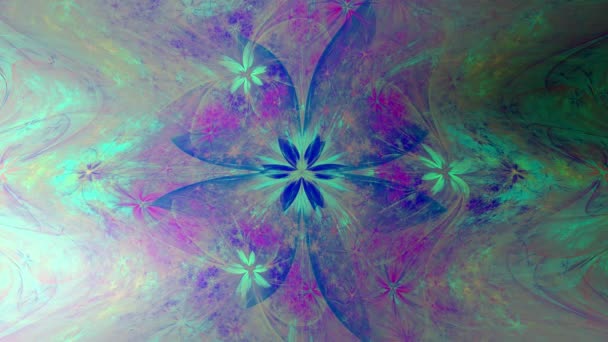 サイケデリック波状で波打つ魅惑的な色変化抽象的なフラクタルの背景で複雑な変化とねじれ空間の花と星で非常に灰色の輝く色 — ストック動画