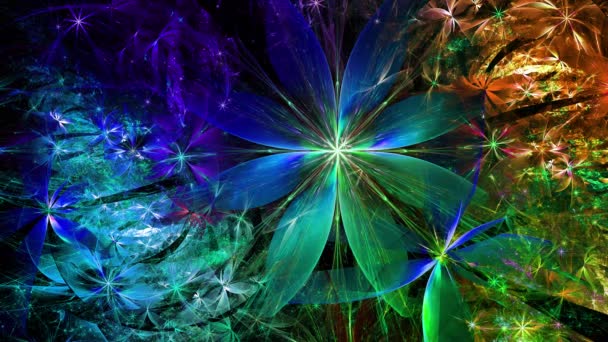 Duhová barva měnící se abstraktní fraktního pozadí se složitými propojenými psychedelickými prostorovými květinami — Stock video