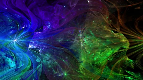 迷幻的波浪和脉动的迷人的色彩改变抽象的分形背景复杂的变化和扭曲巨大的空间花朵在生动的发光的颜色 — 图库视频影像