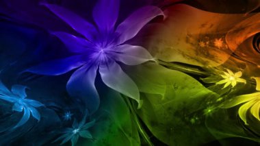 Psikedelik dalgalı ve büyüleyici renkler soyut fraktal arkaplanı değiştiriyor ve geniş uzay çiçeklerini parlak renklerle değiştiriyor.