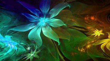 Psikedelik dalgalı ve büyüleyici renkler soyut fraktal arkaplanı değiştiriyor ve geniş uzay çiçeklerini parlak renklerle değiştiriyor.