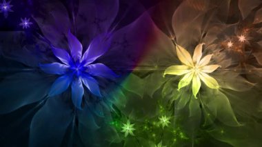 Gökkuşağı rengi soyut fraktal arkaplan ve birbirine bağlı karmaşık psikedelik uzay çiçekleri parlak renklerde