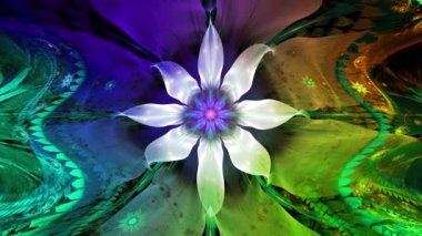 Psikedelik dalgalı ve büyüleyici renkler soyut fraktal arkaplanı değiştiriyor ve geniş uzay çiçeklerini parlak renklerle değiştiriyor.