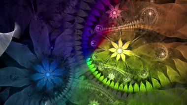 Gökkuşağı rengi soyut fraktal arkaplan ve birbirine bağlı karmaşık psikedelik uzay çiçekleri parlak renklerde