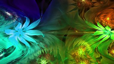 Psikedelik dalgalı ve büyüleyici renkler soyut fraktal arkaplanı değiştiriyor ve geniş uzay çiçeklerini parlak renklerle değiştiriyor.