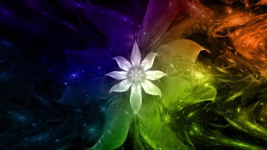 Psikedelik dalgalı ve büyüleyici renkler soyut fraktal arkaplanı değiştiriyor ve geniş uzay çiçeklerini parlak renklerle değiştiriyor.