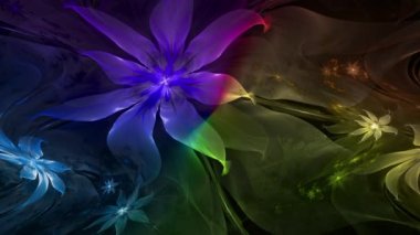 Psikedelik dalgalı ve büyüleyici renkler soyut fraktal arkaplanı değiştiriyor ve geniş uzay çiçeklerini parlak renklerle değiştiriyor.