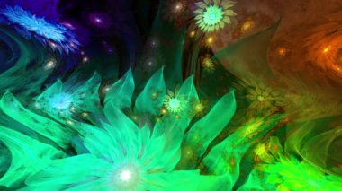 Psikedelik dalgalı ve büyüleyici renkler soyut fraktal arkaplanı değiştiriyor ve geniş uzay çiçeklerini parlak renklerle değiştiriyor.