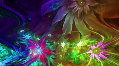 Psikedelik dalgalı ve büyüleyici renkler soyut fraktal arkaplanı değiştiriyor ve geniş uzay çiçeklerini parlak renklerle değiştiriyor.