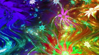 Psikedelik dalgalı ve büyüleyici renkler soyut fraktal arkaplanı değiştiriyor ve geniş uzay çiçeklerini parlak renklerle değiştiriyor.