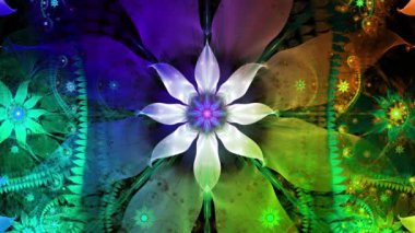 Gökkuşağı rengi soyut fraktal arkaplanı karmaşık birbirine bağlı psikedelik uzay çiçekleriyle değiştiriyor