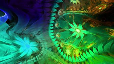 Psikedelik dalgalı ve büyüleyici renkler soyut fraktal arkaplanı değiştiriyor ve geniş uzay çiçeklerini parlak renklerle değiştiriyor.