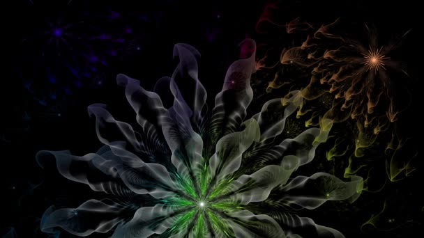虹色の変化抽象的なフラクタルの背景と複雑な相互接続されたサイケデリックな空間の花鮮やかな輝く色 — ストック動画