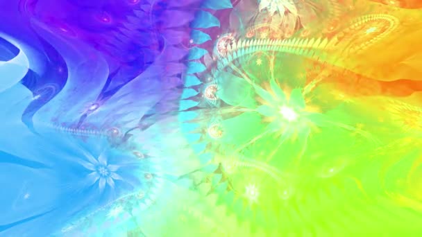 彩虹色彩变化抽象的分形背景与复杂的相互关联的迷幻空间花朵 中间有一朵大花 它们都在缓慢地移动和脉动 — 图库视频影像
