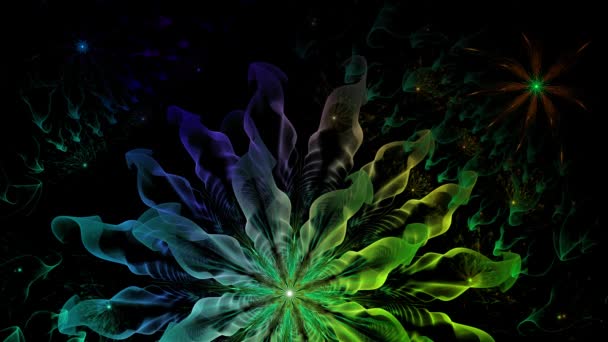 Regenbogenfarbe ändert abstrakten fraktalen Hintergrund mit komplizierten miteinander verbundenen psychedelischen Raum Blumen — Stockvideo