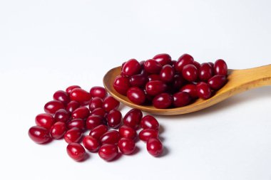 Beyaz arka planda bir Dogwood. Olgunlaşmış kırmızı köpek odunlarıyla dolu tahta bir kaşık. Yakınlarda çok fazla köpek ormanı yok. Yaz hasadı toplanıyor..