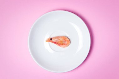 Beyaz tabakta karides. Pembe arka planda bir tabakta haşlanmış karides. Büyük bir tabakta bir karides