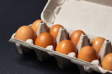 Siyah arka planda yumurtalar. Karton kutuda tavuk yumurtası.