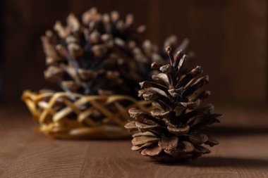 Ahşap bir yüzeyde çam kozalağı. Bir tümsek önde, diğeri arkada. Sonbahar konsepti