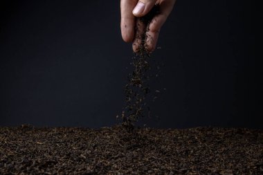 Yaprak çayı. Bol bol çay. El, siyah arka planda gevşek çay serper.