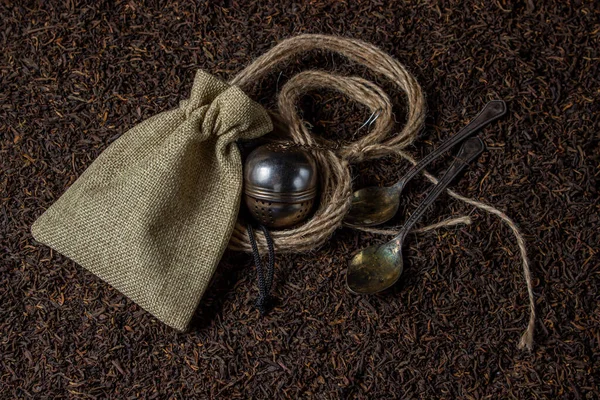 Listový Čaj Hodně Volného Čaje Čajové Lžičky Sáček Čajová Koule — Stock fotografie