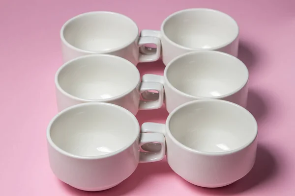 White Cups Pink Background Lots Empty Tea Cups — Stock Photo, Image