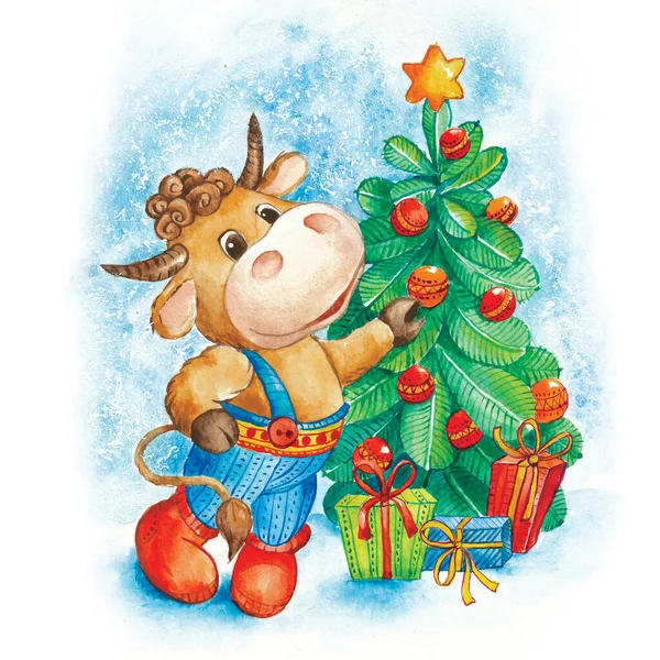 Ano Touro Vaca Engraçada Feliz Natal Cartão Ano Novo Mão — Fotografia de Stock