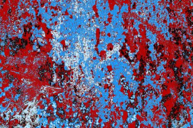 Kırık tarih arkaplanı olan kırmızı, mavi ve siyah grunge duvar
