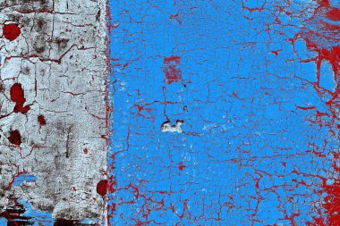 Kırık tarih arkaplanı olan kırmızı, mavi ve siyah grunge duvar