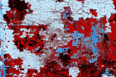 Kırık tarih arkaplanı olan kırmızı, mavi ve siyah grunge duvar