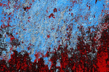 Kırık tarih arkaplanı olan kırmızı, mavi ve siyah grunge duvar
