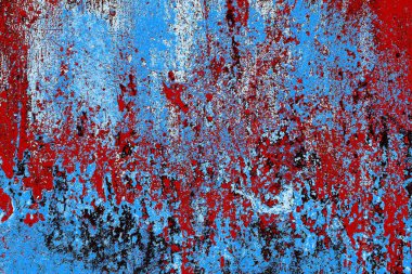 Kırık tarih arkaplanı olan kırmızı, mavi ve siyah grunge duvar