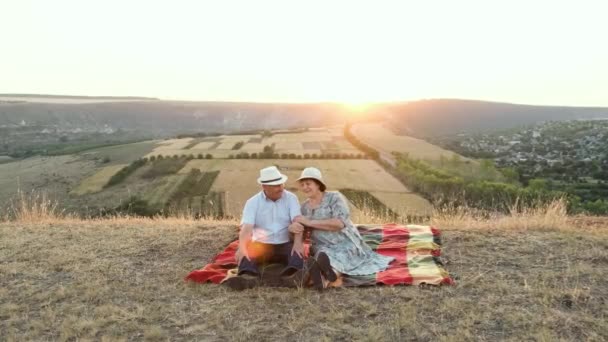 Couple âgé au pique-nique d'été au coucher du soleil. — Video