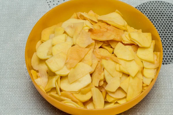 Patatas Crudas Picadas Finamente Plato Preparar Comidas Para Freír Cocinar — Foto de Stock