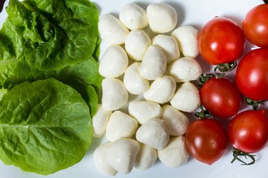 İtalyan bayrağı marul, mozzarella peyniri ve vişneli domateslerden yapıldı. Restoran reklam afişi. menü tasarımı kavramı.