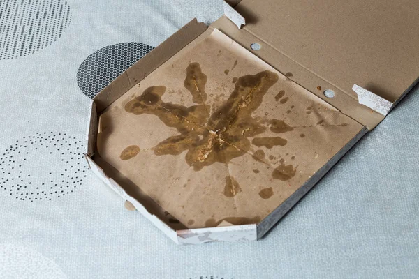 Open Lege Kartonnen Pizzadoos Maaltijd Vuile Vaat — Stockfoto