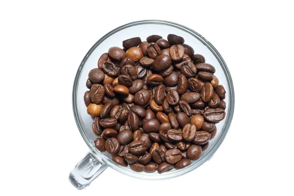Transparent Kopp Full Rostade Kaffebönor Vit Bakgrund Glas Genomskinlig Kopp — Stockfoto