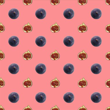 Meyve deseni. İncir kalıpları tam ve ikiye bölünmüş. Pembe arka planda izole desen. Kağıt kaplama konsepti. Reklam afişi. Web sayfası için arkaplan.