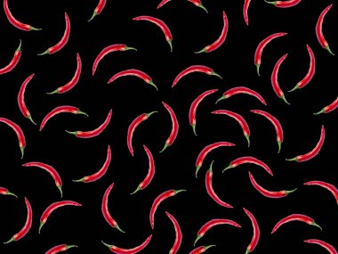 Acı biber desenli. Siyah üzerine kırmızı biber. Kağıt kaplama konsepti. Reklam afişi. Web sayfası için arkaplan.